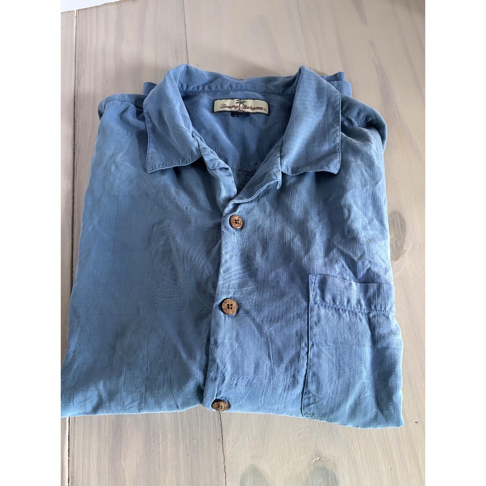 Tommy Bahama Relax Mens Large Blue 100% Silk Jacquard Palm Leaf Camp Shirt